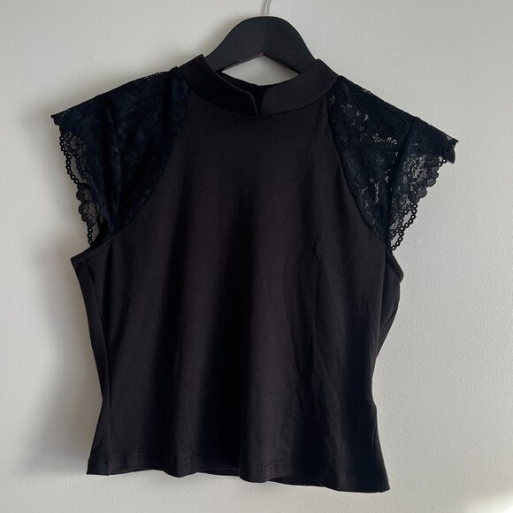 Cider Black Mock-Neck Short Lace Sleeve Tee - Picture 1 of 9